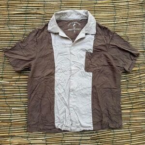 Free‎ Planet Bowling Shirt Mens Size Small Brown Beige Colorblock Short Sleeve